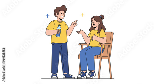 Two diverse children standing and sitting together while having a friendly conversation and holding a water bottle.