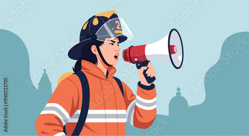 Brave female firefighter in full gear and helmet shouting instructions into a red megaphone during an emergency.