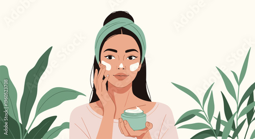 Beautiful young woman applying moisturizing face cream from a jar while surrounded by green tropical leaves.