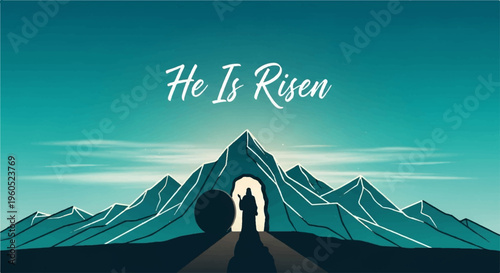 Easter resurrection concept with silhouette standing before an illuminated archway on a mountain road