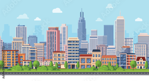 Modern city landscape with various tall skyscrapers, apartment buildings, green trees, and a road under a blue sky.