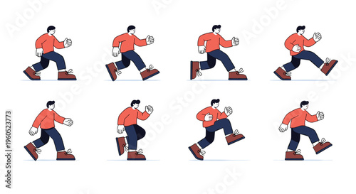Complete set of animation frames showing a man in a red sweater and blue pants walking forward step by step on white.