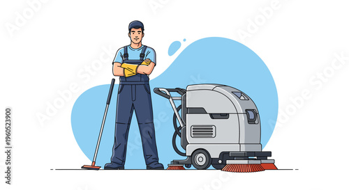 Professional male cleaner in blue overalls standing confidently next to an industrial floor cleaning machine.