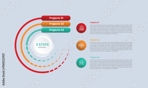 Circle base infographic with glossy gradient style with creative main circle with circular dotted line with circle stacked list with three segment information