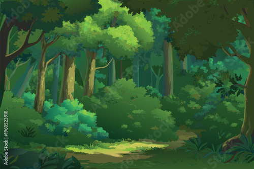 Lush green forest with a sunlit path winding into the depths