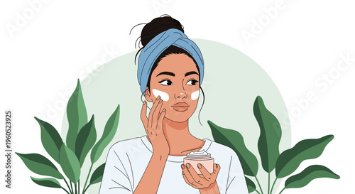 Young woman applying face cream from a jar while surrounded by green plants in a beauty and wellness concept.