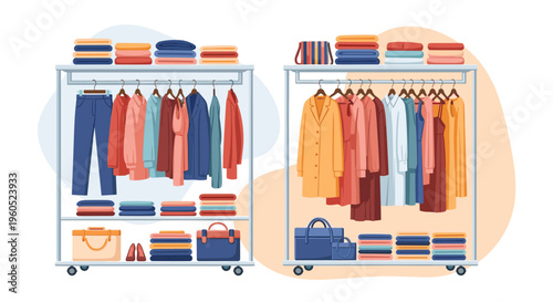 Organized clothing racks with various shirts, dresses, jackets, and accessories in a modern boutique or closet.