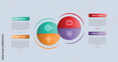 Circle base infographic with glossy gradient style with circle slice combination with unbalance position on quadrant structure with four segment information