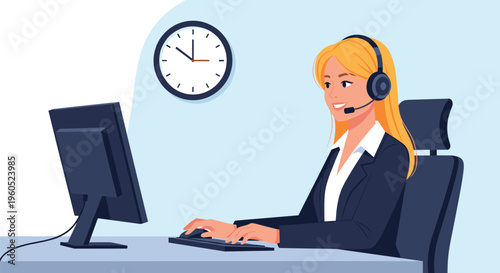 Friendly female customer service representative with a headset working on a computer in a modern office environment.