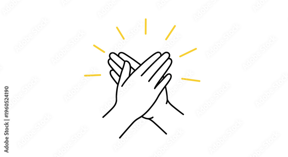 Obraz premium Simple line drawing of two hands meeting in a high five or clapping gesture with yellow rays of light indicating success and energy.