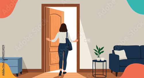 Woman walking through an open wooden door into a bright light from a modern living room interior featuring a blue sofa and plants.