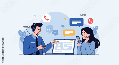 Professional customer support male agent with headset assisting a female client over a call with floating chat bubbles and icons.