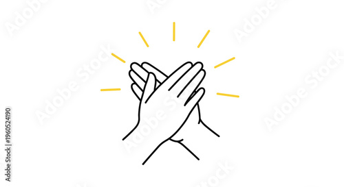 Simple line drawing of two hands meeting in a high five or clapping gesture with yellow rays of light indicating success and energy.