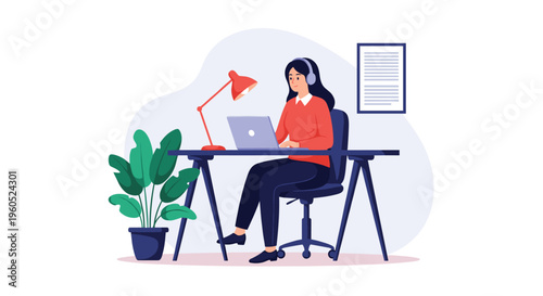 Young woman wearing headphones working efficiently on a laptop at her desk with a reading lamp, potted plant, and wall document.