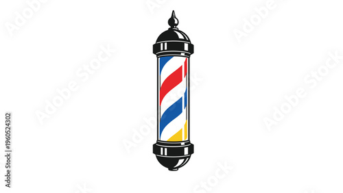 Traditional barber pole with red, white, and blue spiraling stripes topped with a decorative cap on a white background.