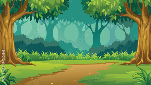 Lush forest scene with a winding path and dense foliage