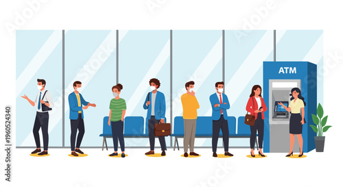 Group of people wearing face masks standing in a socially distanced queue at an outdoor ATM machine for cash withdrawals.