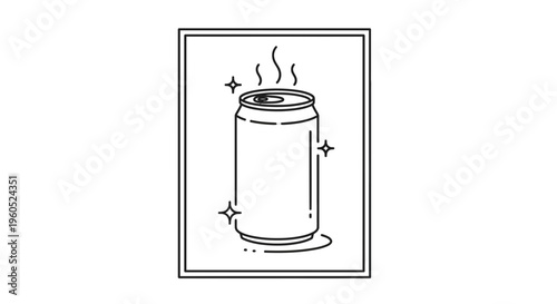 Refreshing beverage can icon with effervescence and sparkling accents in minimalist line art