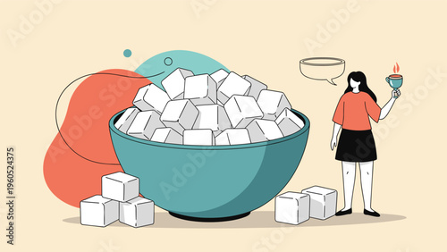 Conceptual illustration showing a woman holding a cup next to a massive bowl filled with white sugar cubes for diet themes.
