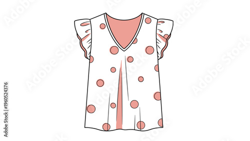 Stylish white v-neck blouse adorned with large pink polka dots features feminine ruffled sleeves for a modern look.