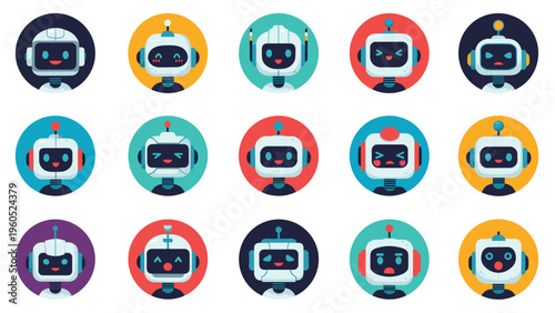 Colorful collection of fifteen round robot icons showcasing a variety of friendly facial expressions and vibrant backgrounds.