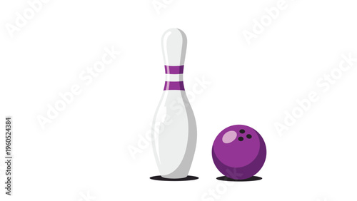 Single white bowling pin with purple stripes standing next to a purple bowling ball on a white background for sports themes.