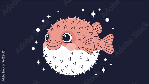 Adorable pink pufferfish with large black eyes and a friendly smile swims surrounded by twinkling white stars.