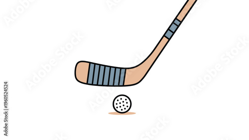 Wooden field hockey stick with blue grip tape is positioned above a white dimpled ball on a clean background.