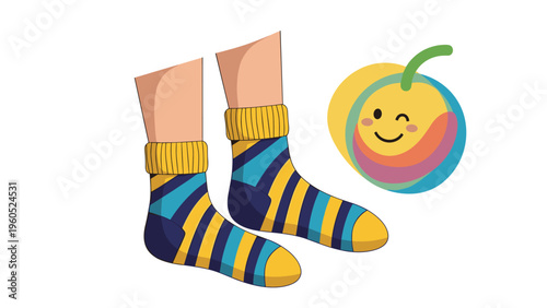 Pair of feet wearing fun blue and yellow striped socks is positioned next to a winking yellow smiley face fruit.