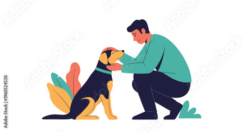 Kind man kneeling down to pet and bond with a black and tan dog in a peaceful outdoor setting with colorful stylized foliage.