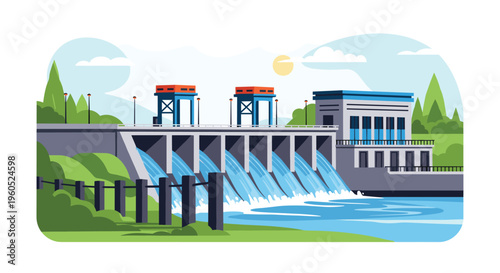 Large modern hydroelectric dam with multiple spillways discharging water into a river under a bright sunny sky with green trees.