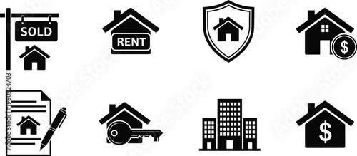 Real estate icons set including sold sign house for rent property insurance mortgage payment home contract keys and apartment buildings cad drawing flat vector illustration