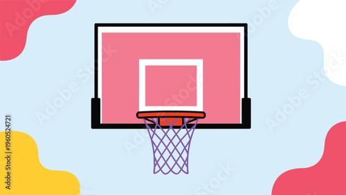 Colorful basketball hoop with a pink backboard and purple net set against an abstract blue and yellow decorative background.