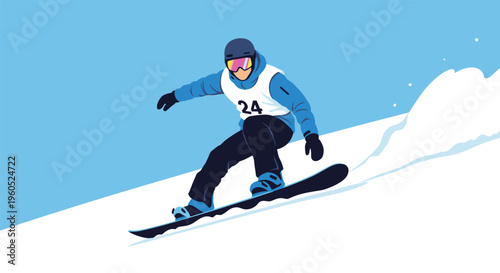 Professional snowboarder in full winter gear riding down a steep snowy mountain slope during an active winter sports competition.