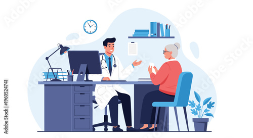 Male doctor in a white coat consulting with an elderly female patient in a medical office featuring a desk, computer, and clock.