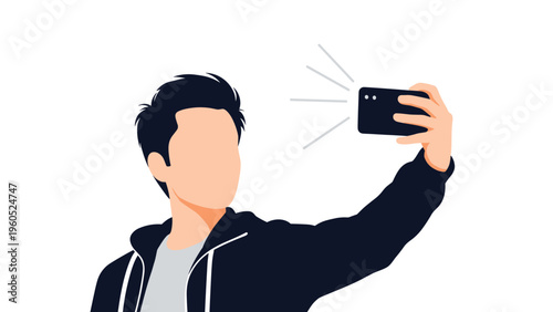 Minimalist illustration of a young man holding a smartphone and taking a selfie against a clean white background.