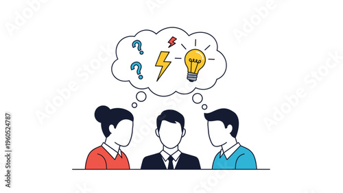 Group of three business professionals brainstorming with a thought bubble containing light bulbs, question marks, and lightning bolts.