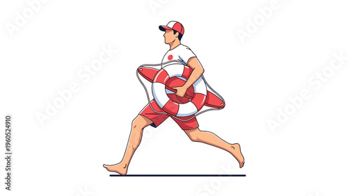 Athletic lifeguard in a red and white uniform running along the beach while carrying a safety lifebuoy for rescue operations.