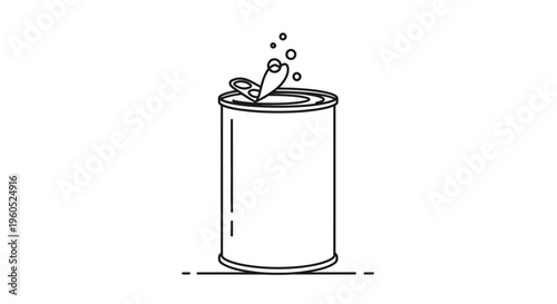 Minimalist outline drawing of an opened aluminum can featuring rising bubbles and a pop top design