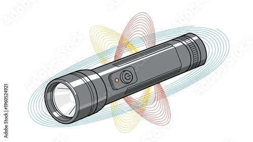 Metallic flashlight emitting colorful concentric circular rays of light representing energy waves or illumination against a white background.