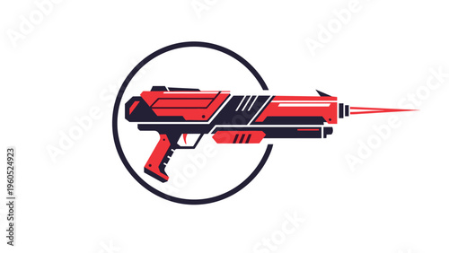 Futuristic red and black sci-fi blaster or laser gun design with a glowing energy beam isolated against a white background.