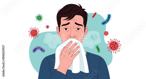 Sick man sneezing into a white tissue surrounded by floating virus and bacteria illustrations indicating illness or seasonal flu.