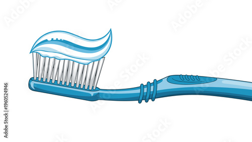 Blue plastic toothbrush with a generous swirl of fresh white and blue striped toothpaste on its bristles against a white background.