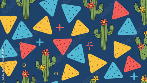 Fun and colorful seamless pattern featuring green cacti with pink flowers and yellow and blue nacho chips on a dark blue background.