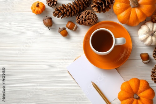 Cozy Scandinavian Inspired Autumn Tabletop Scene with Pumpkin, Coffee, and Pinecones