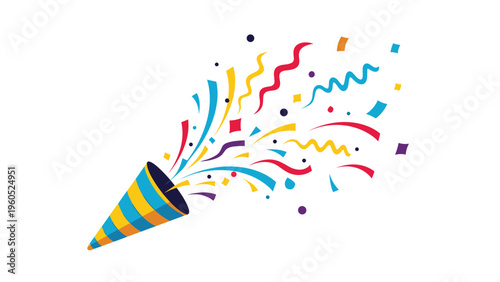Festive party popper shooting out a colorful explosion of confetti and streamers perfect for celebrations and birthdays.