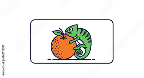 Vivid green chameleon perched playfully on a vibrant orange fruit, a charming illustration of