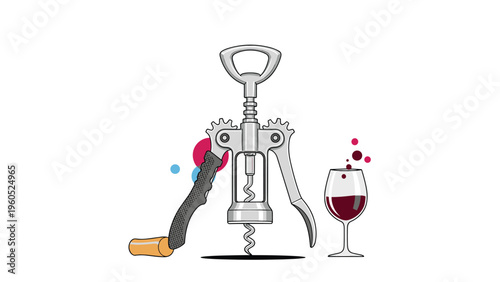 Professional metal wing corkscrew next to a glass of red wine with bubbles and a cork on a clean white background.