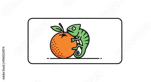 Charming green chameleon mascot holding onto a fresh orange fruit vector illustration