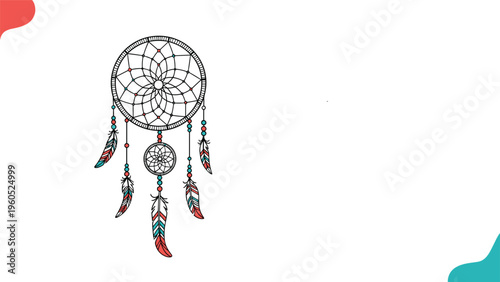 Traditional Native American dreamcatcher with intricate web patterns and hanging feathers and beads as a symbol of protection.